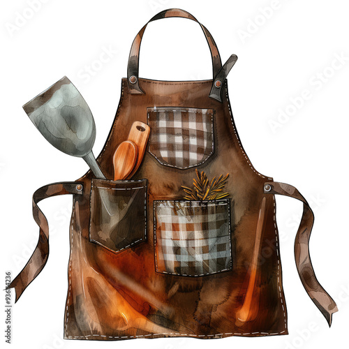 A rustic apron featuring pockets filled with gardening tools, perfect for outdoor activities and culinary adventures. photo