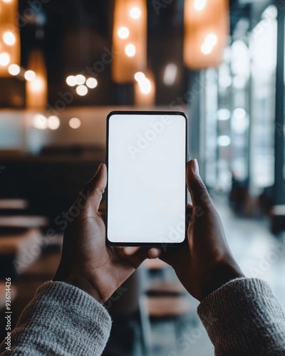 First person view of smartphone user looking at blank white mockup phone screen.