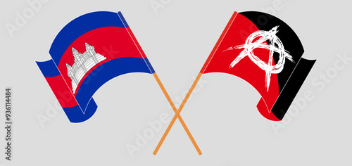Crossed and waving flags of Cambodia and Anarchy