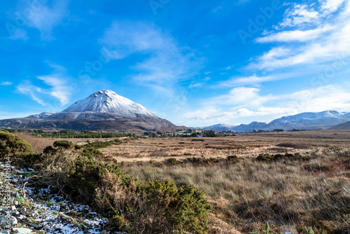 Aerial view of Mount Errigal in the winter, the highest mountain in Donegal - Ireland.