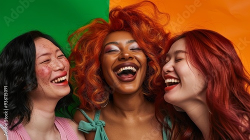 In a lively setting, three diverse women share a moment of pure joy, their vibrant smiles illuminating the room as they celebrate their friendship in a striking environment photo