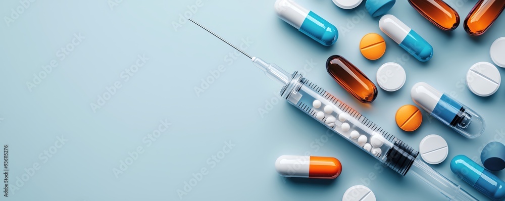 A close-up of a syringe surrounded by colorful capsules and pills on a light background. Perfect for healthcare and medical themes. A close-up of a syringe surrounded by colorful capsules and pills on a light background. Perfect for healthcare and medical themes.