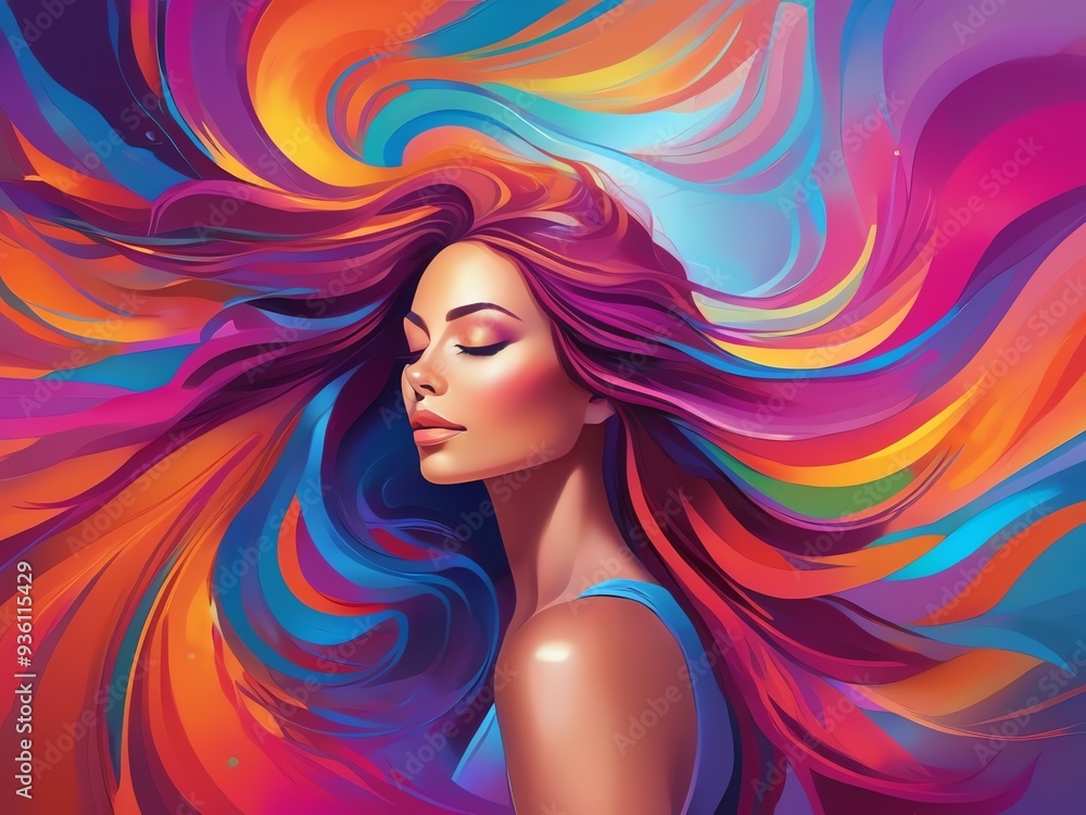 A digital art portrait of a serene woman with her eyes closed and colorful hair A digital art portrait of a serene woman with her eyes closed and colorful hair