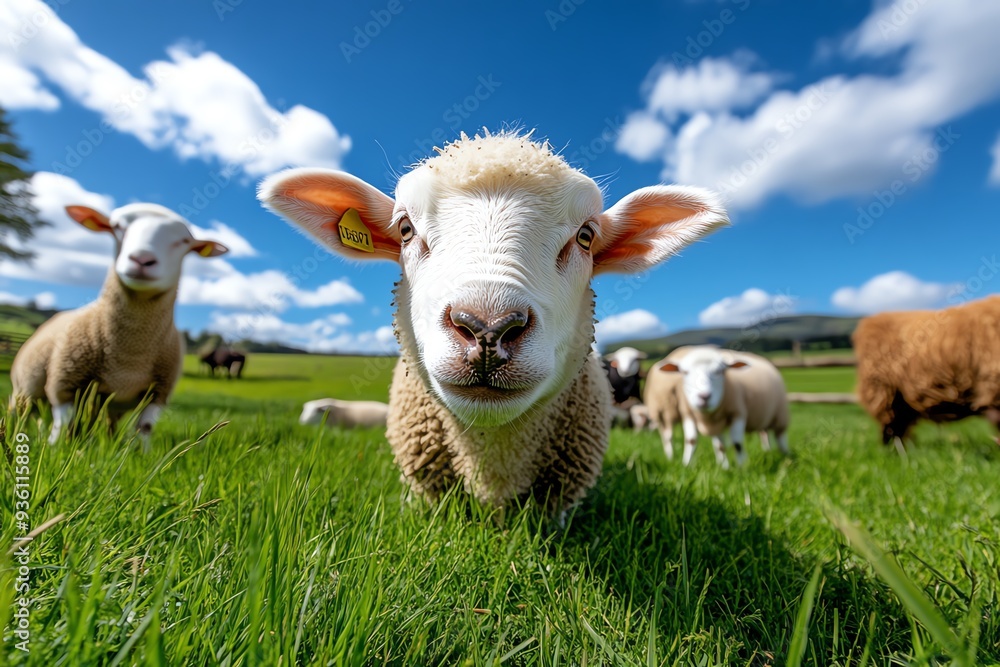 Obraz premium A curious sheep stares at the camera in a green field, surrounded by other sheep and a blue sky with clouds.