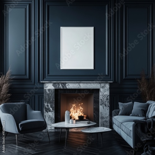 An interior view of a home living room with a fireplace and drawer and a coffee table. Mock up frame shown.