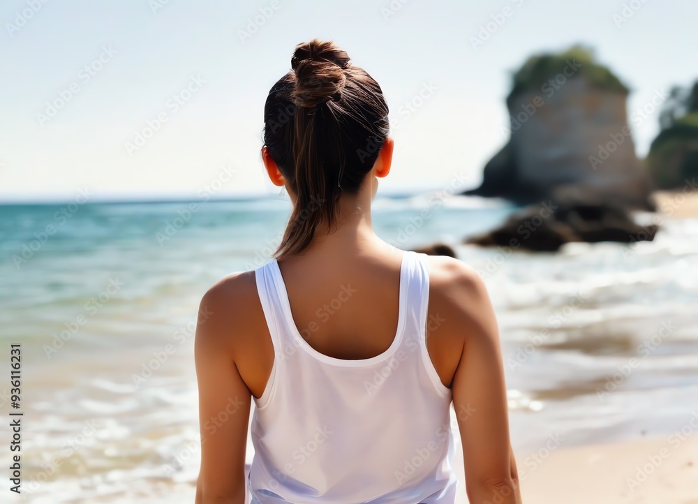 An image of a sporty woman standing at the beach An image of a sporty woman standing at the beach