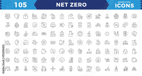 net zero, eco, sustainable development editable stroke outline icons set isolated on white background flat vector illustration. Wind Turbine, Carbon Footprint, Sustainability, Editable line