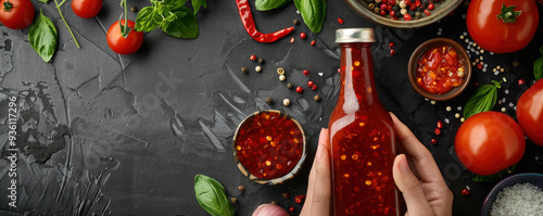 A vibrant arrangement of fresh tomatoes, herbs, and homemade chili sauce showcased on a dark stone surface during afternoon meal preparation photo