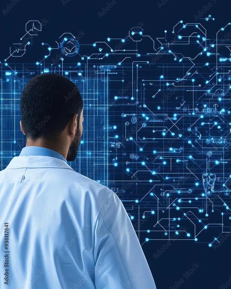 Scientist observing digital technology and data visualization on a futuristic interface in a laboratory setting. Scientist observing digital technology and data visualization on a futuristic interface in a laboratory setting.