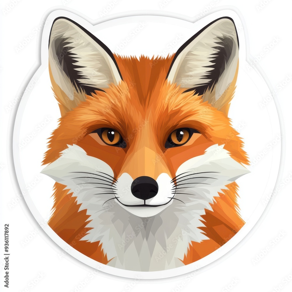 Fototapeta premium Sticker of a fox's head in circle shape, flat vector illustration, on white background, digital sticker, clipart 