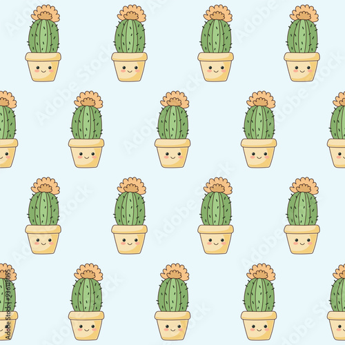 Doodle Flower and Pot Cartoon Seamless Pattern Background. Abstract Cute Kawaii Baby Textile Swatch Design. Bright Domestic Floral Plant in Vase Decorative Element Symbol Silhouette Fabric Print. photo