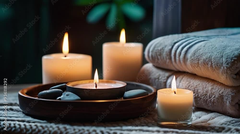 Relaxing Spa Setting with Lit Candles, Towels, and Stones Relaxing Spa Setting with Lit Candles, Towels, and Stones