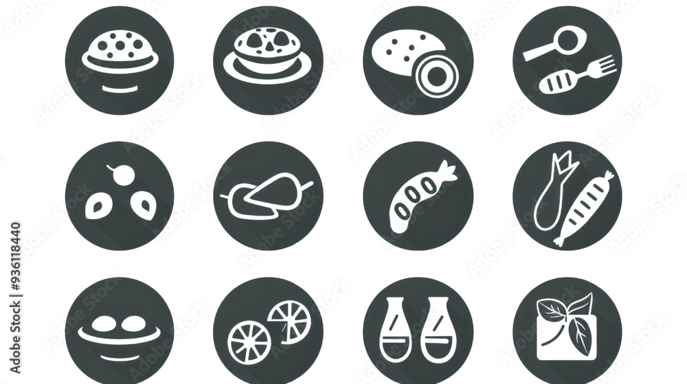 A straightforward vector icon set with a healthy eating habits, food portion sizes, nutrient intake, and diet diversity .icons in black and white style with isolated on white A straightforward vector icon set with a healthy eating habits, food portion sizes, nutrient intake, and diet diversity .icons in black and white style with isolated on white