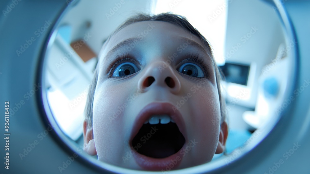 Close-up of a child's surprised face with mouth open in awe, viewed through a circular frame, invoking curiosity and wonder. Close-up of a child's surprised face with mouth open in awe, viewed through a circular frame, invoking curiosity and wonder.