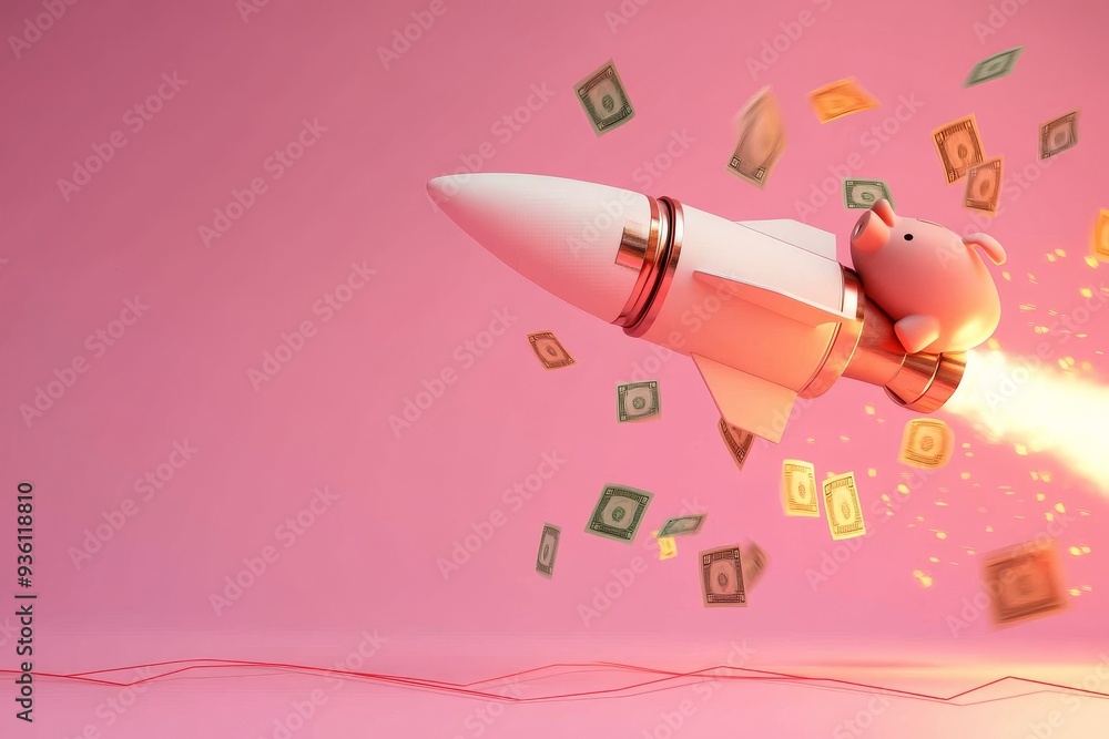 Rocket launch and piggy bank, stock market graphs and money falling Rocket launch and piggy bank, stock market graphs and money falling