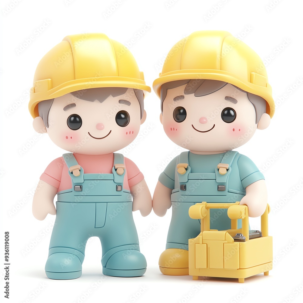 Cute cartoon boys in construction hats and overalls with a toolbox, ideal for children's projects or educational materials. Cute cartoon boys in construction hats and overalls with a toolbox, ideal for children's projects or educational materials.