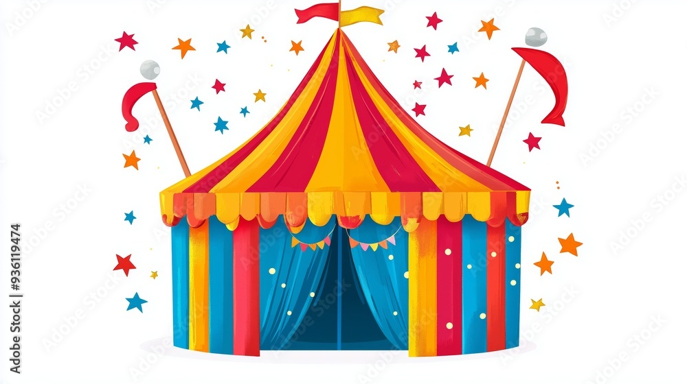 A Vibrant Circus Tent Surrounded by Stars and Celebratory Elements A Vibrant Circus Tent Surrounded by Stars and Celebratory Elements