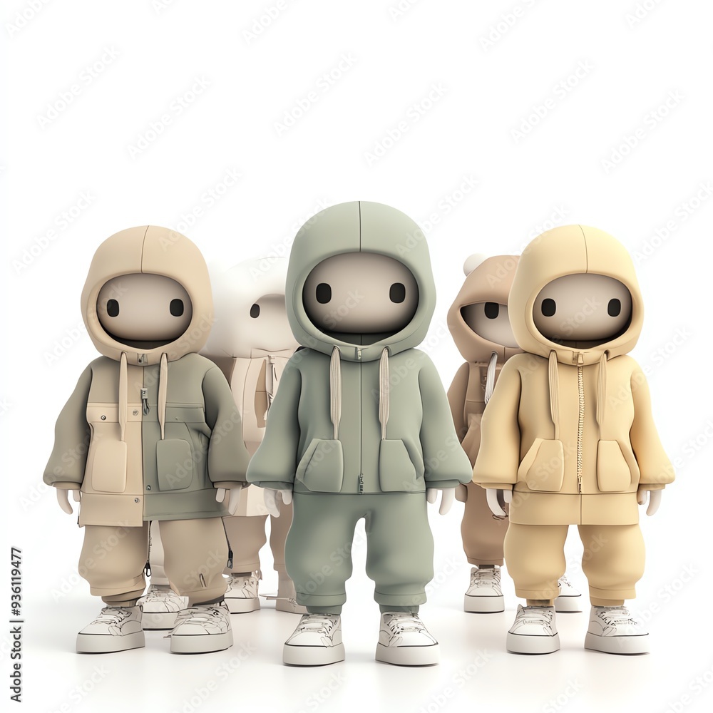 Obraz premium A group of stylish, cartoonish characters in cozy hoodies and sneakers, perfect for fashion and streetwear themes.