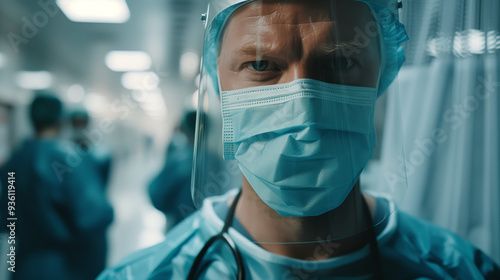A male doctor in a blue surgical suit and mask stands in a hospital corridor, close-up shot, blurred busy emergency room background, hyper-realistic, soft light.