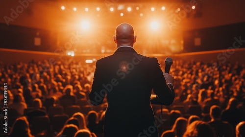 Stock image of a motivational speaker addressing a large audience at a corporate event.
