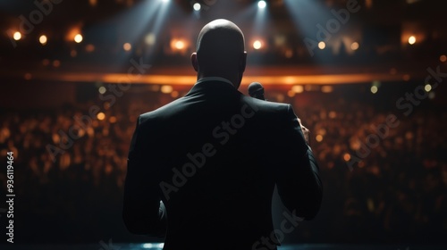 Presenting to a large audience at a corporate event. Presentation concept.