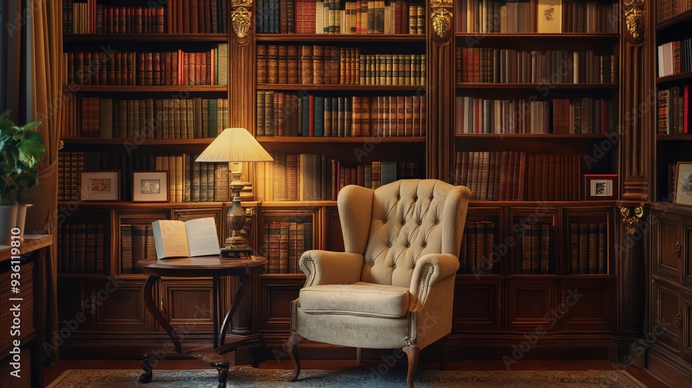 A large room with a chair and a lamp,The room is filled with bookshelves. Nice for books lovers A large room with a chair and a lamp,The room is filled with bookshelves. Nice for books lovers