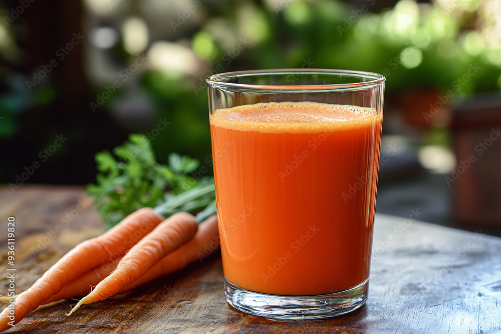 A glass of carrot juice sits on a wooden table next to a bunch of carrots A glass of carrot juice sits on a wooden table next to a bunch of carrots