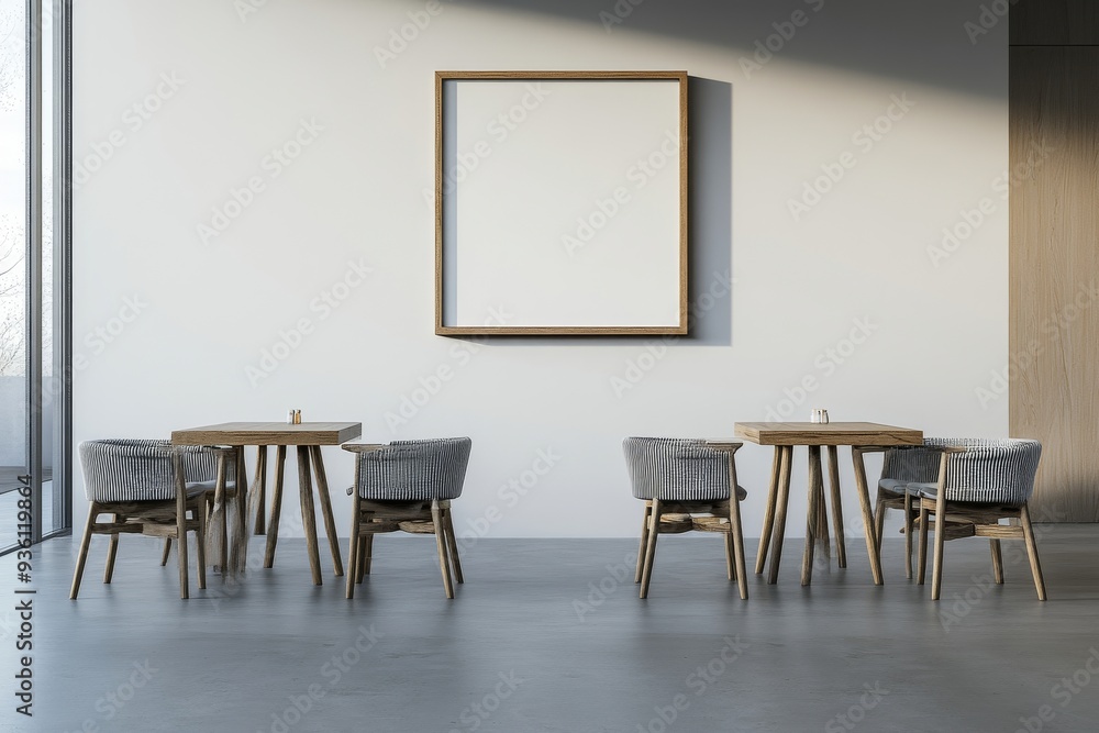 Fototapeta premium Interior of a beige restaurant with seating and tables, mockup