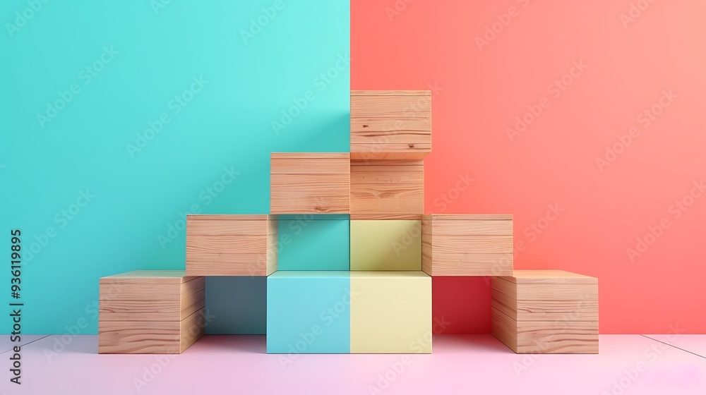 Colorful blank wood cube mock up in stair shape or graph isolated on colorful background Colorful blank wood cube mock up in stair shape or graph isolated on colorful background