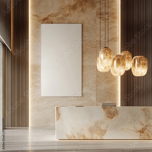 An elegant reception desk with a laptop and vase, framed as a mockup