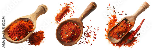 Set of Red paprika in a wooden spoon with cayenne pepper powder in a pile, isolated on a transparent background