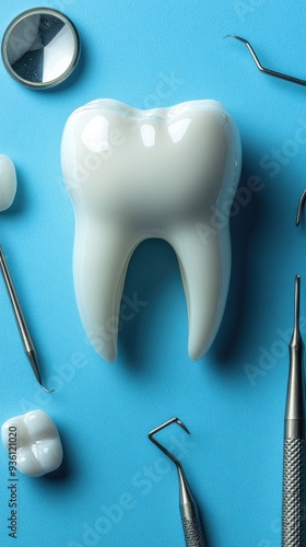 Large, single, healthy white tooth, three smaller teeth which appear to be dental fillings, and four dental instruments: a dental mirror, a dental probe photo