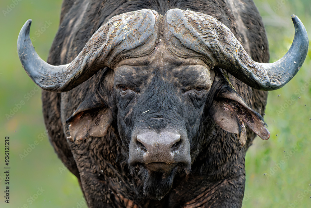Portrait of an old Affrican Buffalo (Syncerus caffer) bull after a mud bath in Hluhluwe Imfolozi National Park in South Africa Portrait of an old Affrican Buffalo (Syncerus caffer) bull after a mud bath in Hluhluwe Imfolozi National Park in South Africa