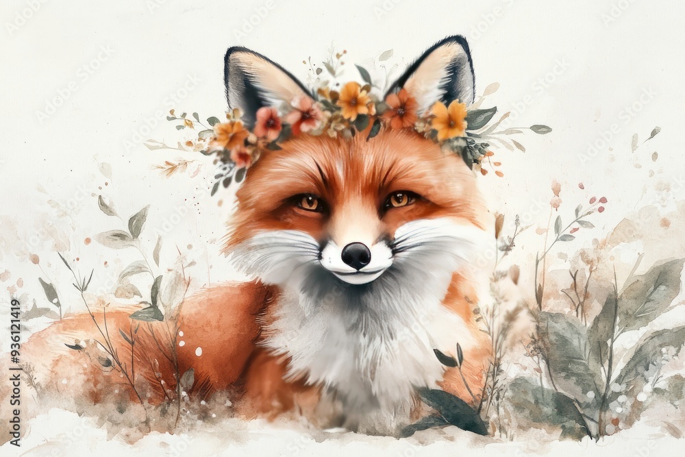 Fototapeta premium Watercolor Painting of a Red Fox with Flower Crown