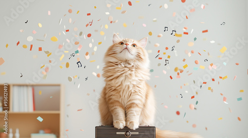 Playful ginger kitten surrounded by colorful confetti and musical notes in a joyful scene photo