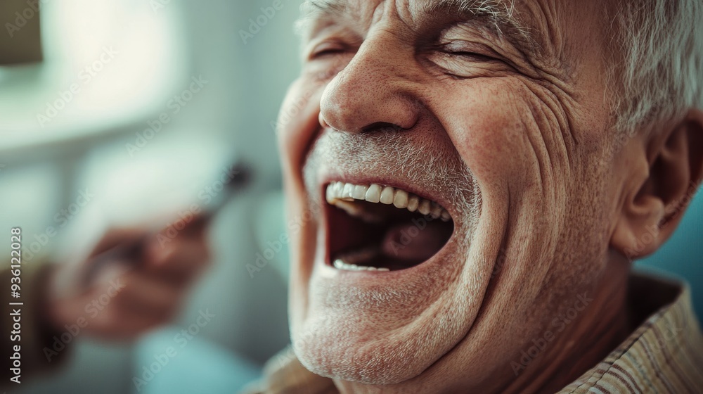Elderly man laughing joyfully during a dental examination, showcasing happiness and positive emotions in a healthcare setting. Elderly man laughing joyfully during a dental examination, showcasing happiness and positive emotions in a healthcare setting.