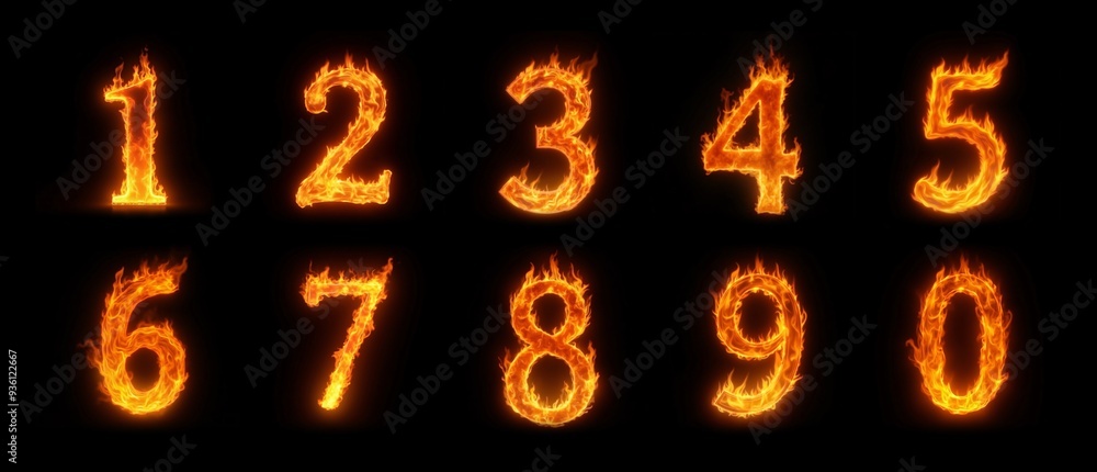 numbers made with fire, burning digits, from zero to ten, 0 to 10. isolated on black background numbers made with fire, burning digits, from zero to ten, 0 to 10. isolated on black background