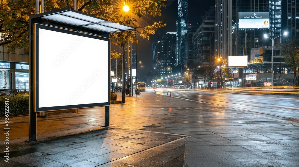 Empty digital billboard at a bus stop on a city street at night, great for ad mockups.
