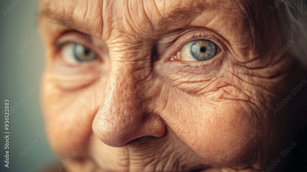 Close-up portrait of an elderly woman's face with detailed wrinkles and blue eyes conveying wisdom and life experience Close-up portrait of an elderly woman's face with detailed wrinkles and blue eyes conveying wisdom and life experience