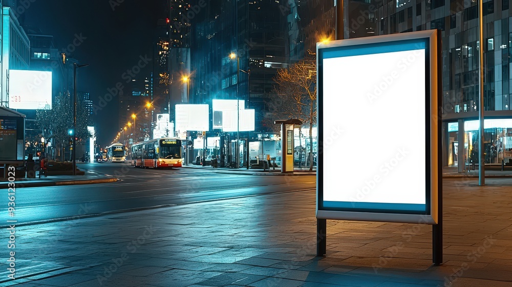 City street bus stop with a blank digital billboard poster, providing space for nighttime advertising.
City street bus stop with a blank digital billboard poster, providing space for nighttime advertising.