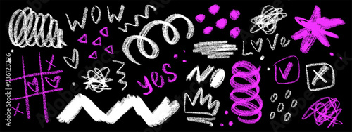 Bright set of graffiti girly style collage elements. Hand drawn charcoal doodle, lettering collection. Pencil drawn shapes of crown, sribbles, squiggles, calligraphy text, heart on black backdrop.