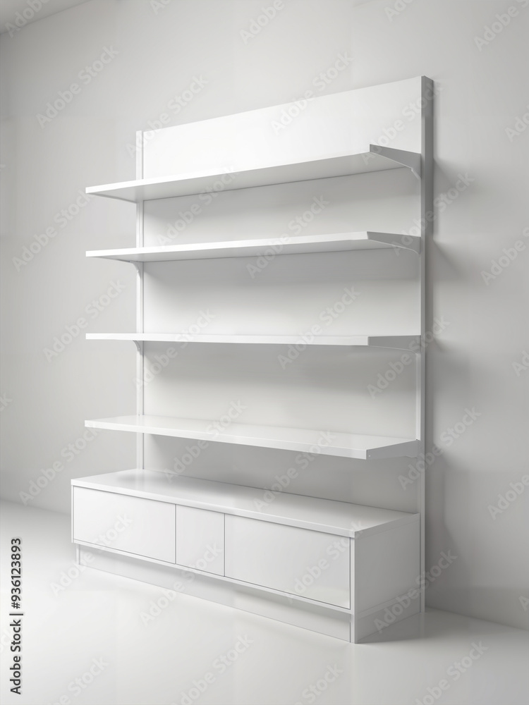 Set of white empty store shelves. Retail double shelf rack. Showcase display. Mockup template ready for your design. 3D rendering illustration. Isolated on white background. Gondola style. Set of white empty store shelves. Retail double shelf rack. Showcase display. Mockup template ready for your design. 3D rendering illustration. Isolated on white background. Gondola style.