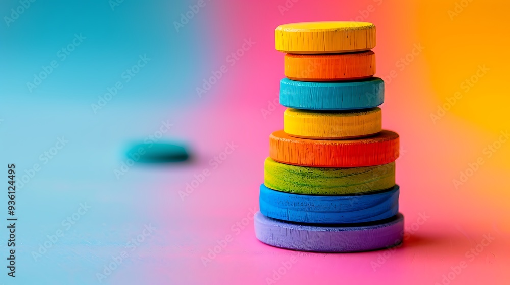 colorful circle stacking toy made of wood isolated on colorful background colorful circle stacking toy made of wood isolated on colorful background