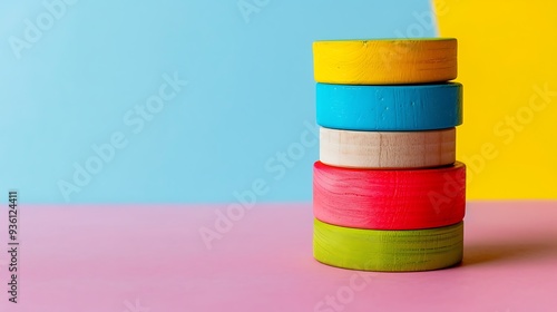 colorful circle stacking toy made of wood isolated on colorful background