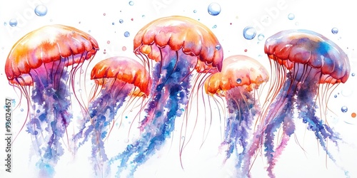 Watercolor Painting of Five Jellyfish with Bubbles photo