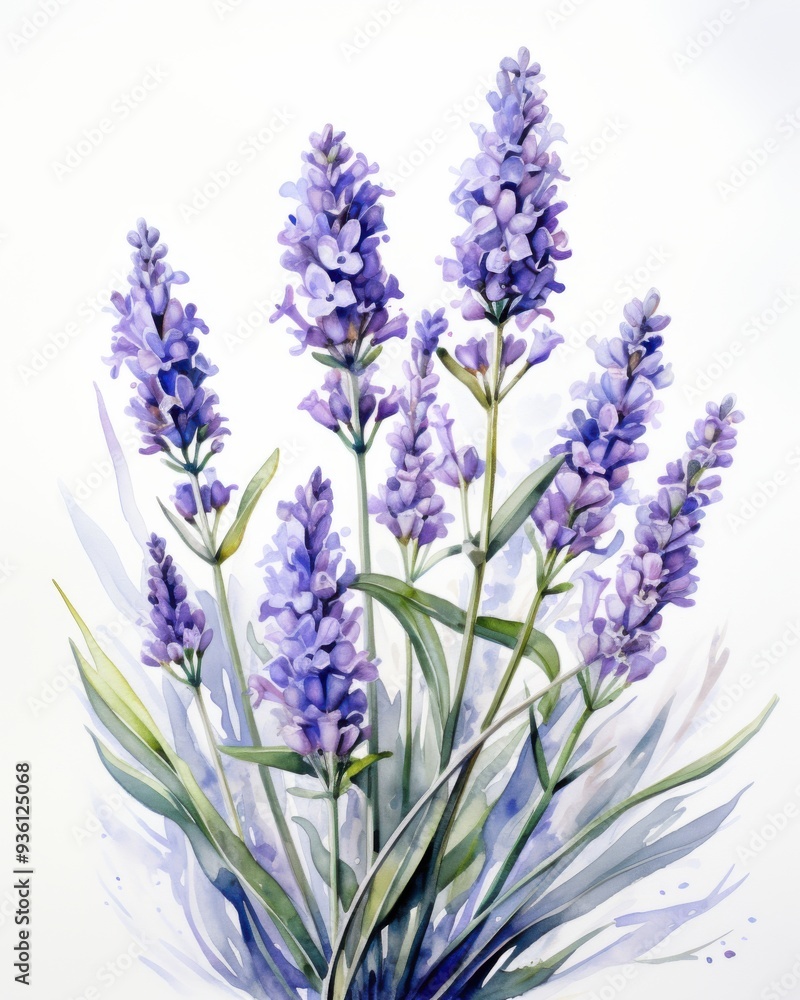 Fototapeta premium Watercolor Painting of Lavender Flowers on White Background.