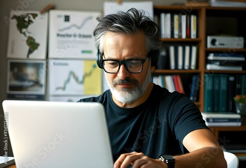 Business portrait of an Experienced Programmer, wearing a simple T-shirt and glasses, working on a laptop. AI generated photo