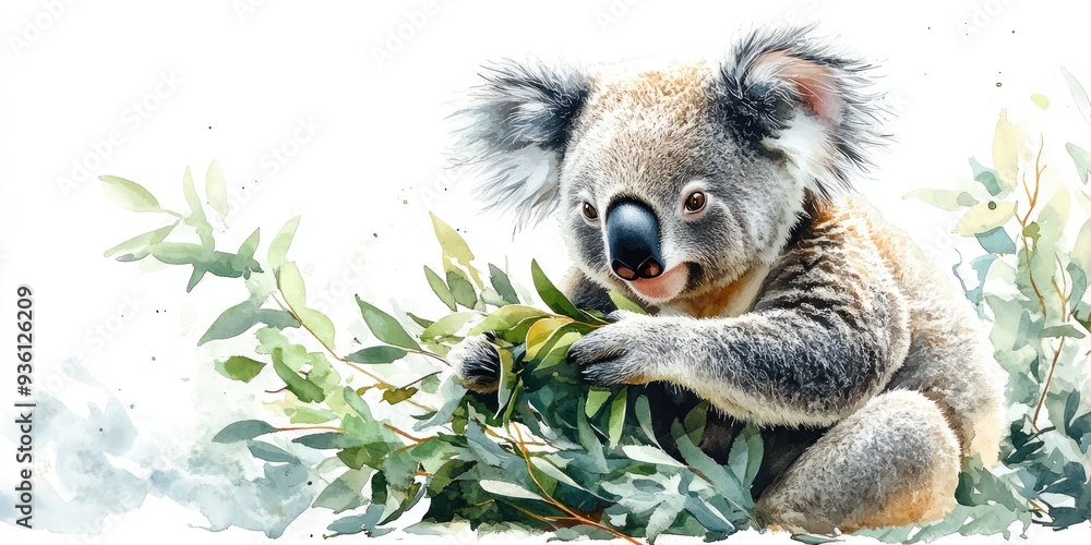 Obraz premium Watercolor Painting of a Koala Sitting in Eucalyptus Leaves