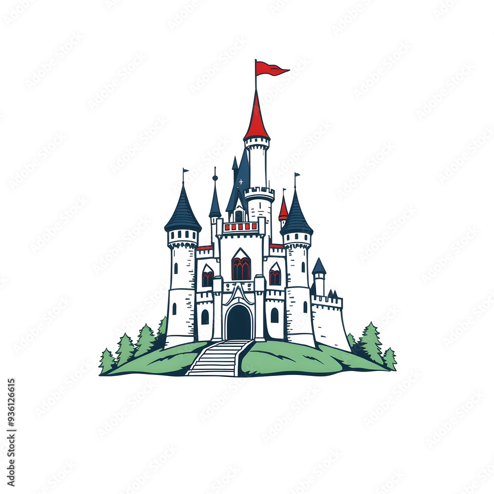 Obraz premium Palace castle cartoon style icon illustration on white background. Generative AI