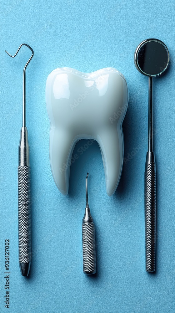 Large, single, healthy white tooth, three smaller teeth which appear to be dental fillings, and four dental instruments: a dental mirror, a dental probe Large, single, healthy white tooth, three smaller teeth which appear to be dental fillings, and four dental instruments: a dental mirror, a dental probe